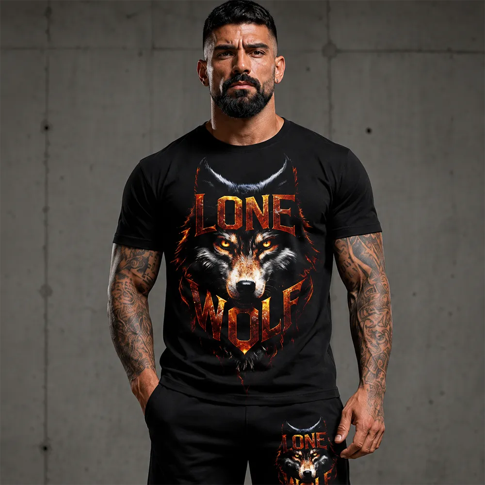 Къс 100% памучен екип с тениска и шорти  Lone Wolf
