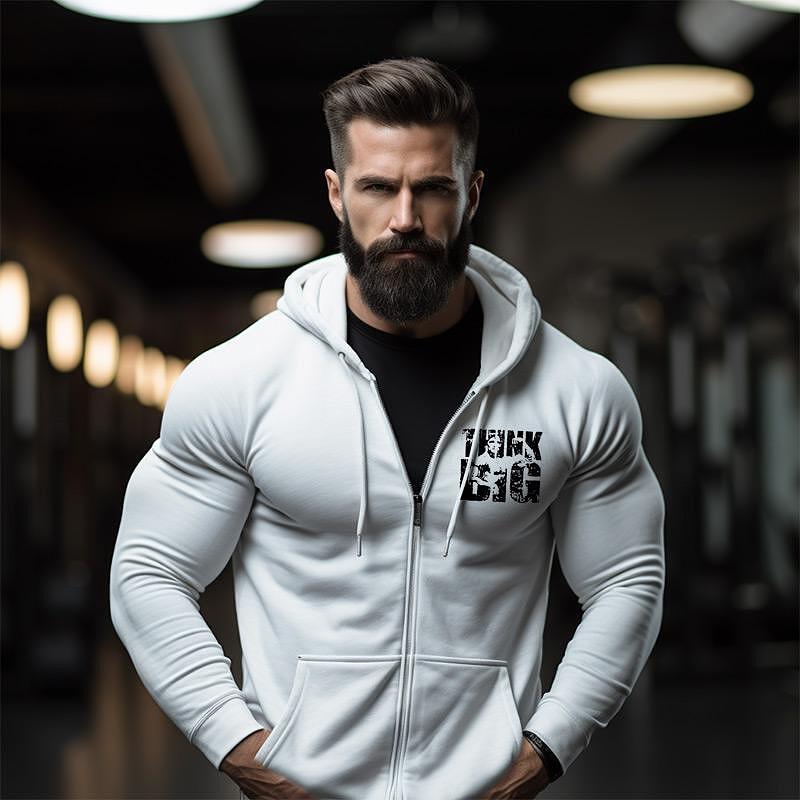 Бял Premium Суичър с цип Arnold Think Big - Fitness Drehi