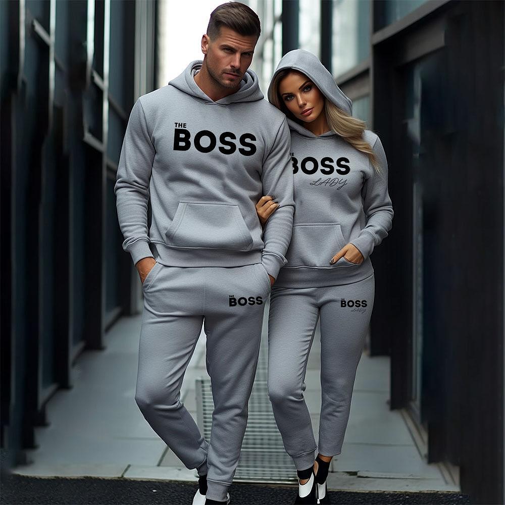 Два броя Светло Сиви Мъжки и Дамски Екипи за двойки Boss / Boss Lady (ПРЕМИУМ КАЧЕСТВО) - Fitness Drehi
