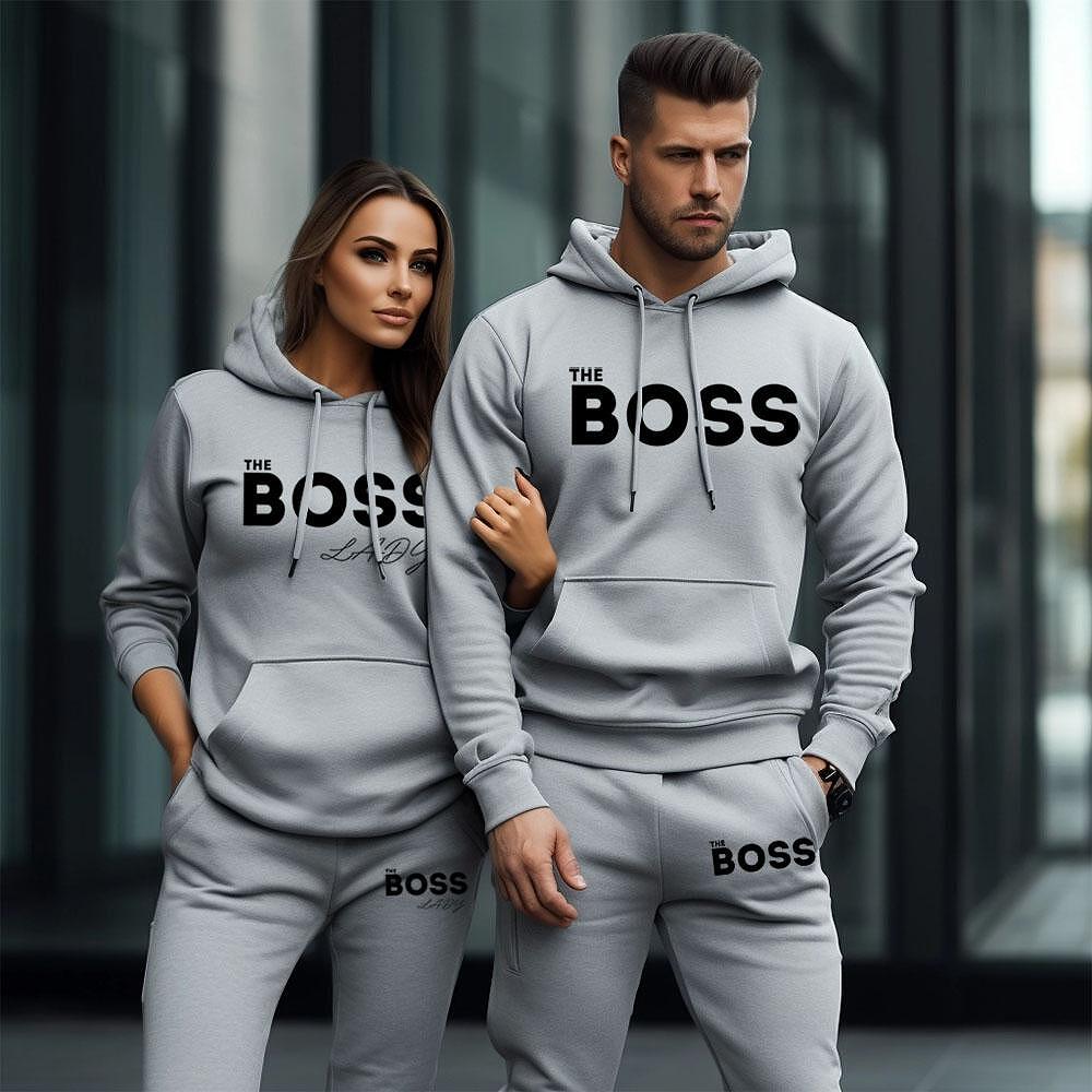 Два броя Светло Сиви Мъжки и Дамски Екипи за двойки Boss / Boss Lady (ПРЕМИУМ КАЧЕСТВО) - Fitness Drehi