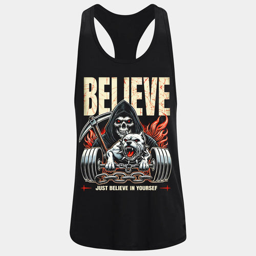 Фитнес потник с изрязан гръб Believe
