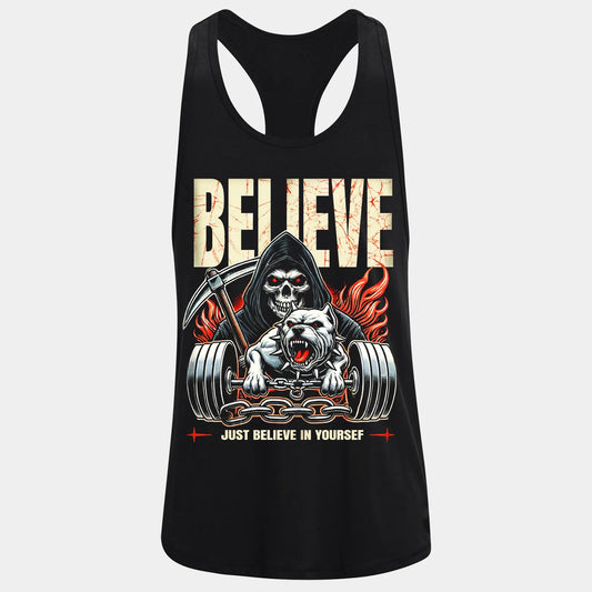 Фитнес потник с изрязан гръб Believe
