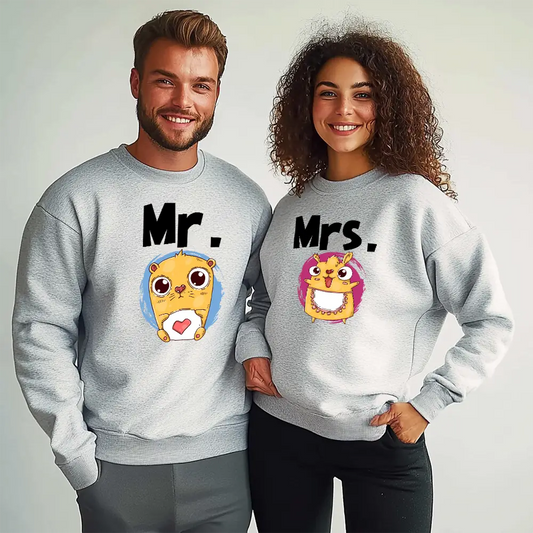Унисекс Сиви Ватирани Блузи за Двойки Mr. Mrs. M