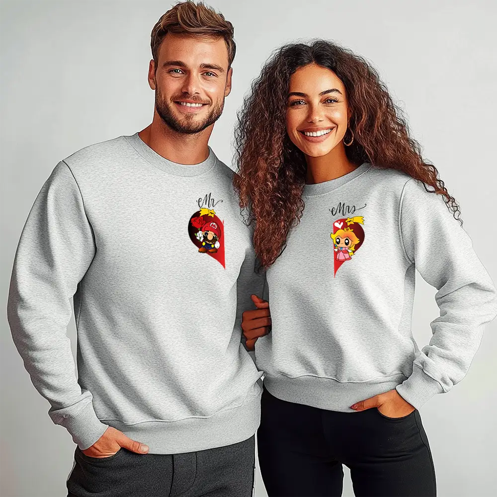 Унисекс Сиви Ватирани Блузи за Двойки Mr. Mrs. Mario