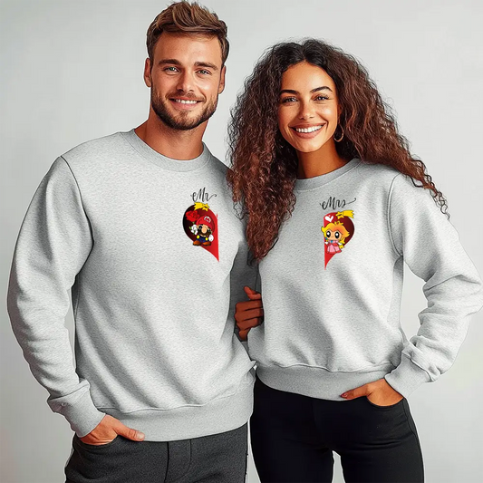 Унисекс Сиви Ватирани Блузи за Двойки Mr. Mrs. Mario